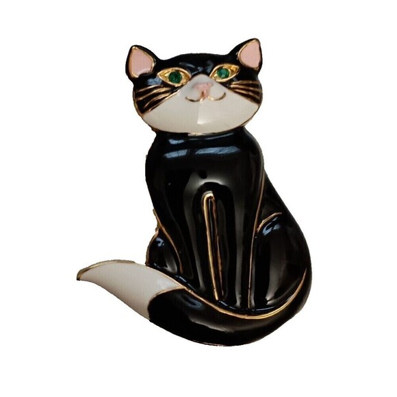 unknown Jewelry - Cat Brooch Pin Black White Retro Look Metal with Enamel Goldtone Base Signed